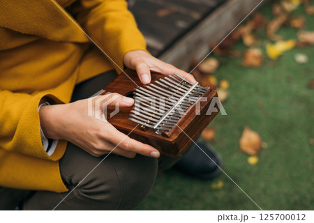close-up woman playing the musical instrument Kalimba or Mbira in the fall on the terrace close-up woman playing the musical instrument Kalimba or Mbira in the fall on the terrace 125700012