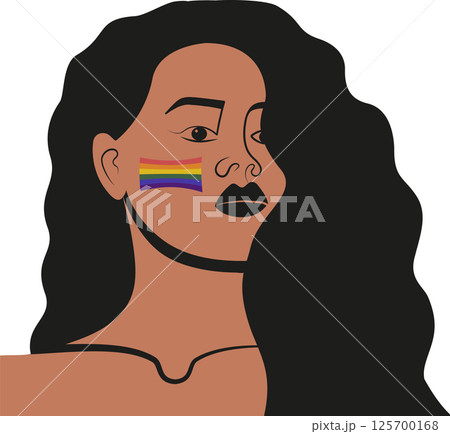 Woman with lgbtq rainbow flag. Pride month celebration against violence, discrimination 125700168