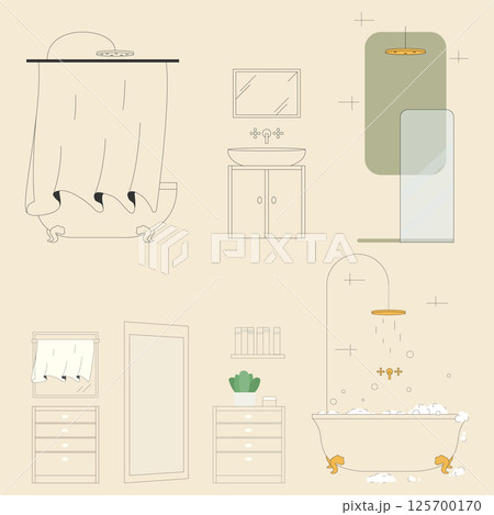 Sink, bath items accessories. Shower, bathroom interior with soapy foam water filled tub vector illustration. Sink, bath items accessories. Shower, bathroom interior with soapy foam water filled tub vector illustration. 125700170