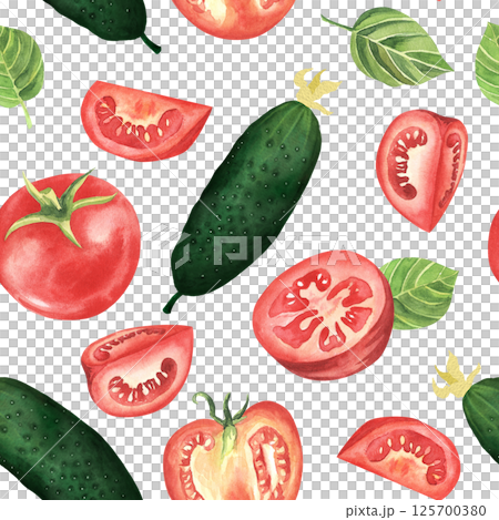 Watercolor seamless pattern of vegetables, tomato, cucumber, basil, hand drawn illustration on white background. For restaurant, kitchen, textile, fabric. Watercolor seamless pattern of vegetables, tomato, cucumber, basil, hand drawn illustration on white background. For restaurant, kitchen, textile, fabric. 125700380