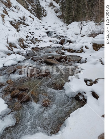 A mountain river flows in the Alma-Arasan gorge near the city of Almaty. There is snow, mountains and pine trees all around. A mountain river flows in the Alma-Arasan gorge near the city of Almaty. There is snow, mountains and pine trees all around. 125700435