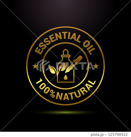 Essential oil icon design, 100 percent essential oil icon label sign in gold color style Essential oil icon design, 100 percent essential oil icon label sign in gold color style 125700522