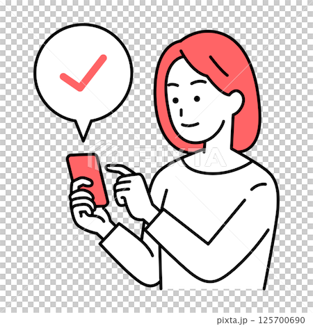 スマートフォンでチェックするカジュアルな女性 スマートフォンでチェックするカジュアルな女性 125700690