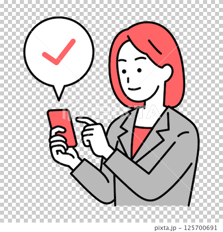 一位穿著西裝的女士正在查看她的智慧型手機 125700691