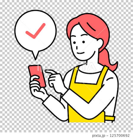 一位穿著圍裙的女士正在查看她的智慧型手機 125700692