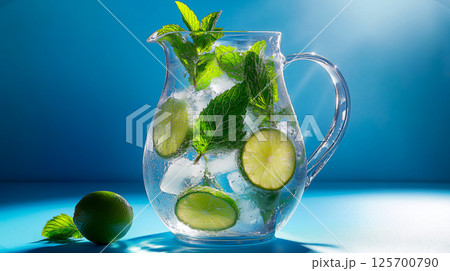 A glass pitcher filled with refreshing mojito ingredients, including lime, mint, and ice, against a blue background 125700790