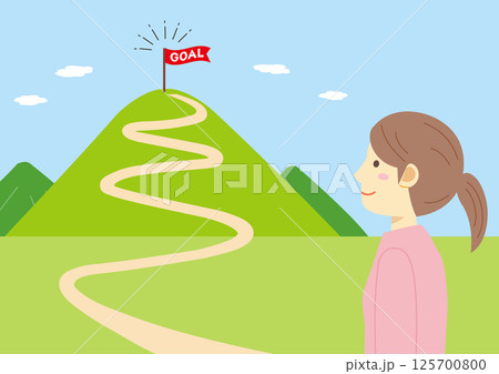 ゴール地点に旗がある山と女性のイラスト 125700800