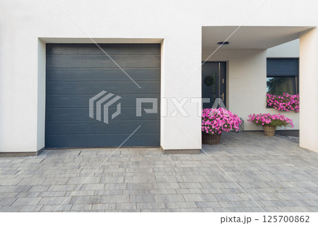 Modern House Entrance with Flower Pots and Garage Modern House Entrance with Flower Pots and Garage 125700862