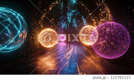 A neon lighted room with a person walking through it 125701115