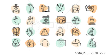 Icon set illustrating safety at work, health, accident prevention, and environmental risk. Includes industry hazard and safe equipment symbols. Linear vector style. 125701227