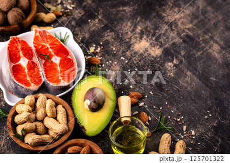 Healthy fat concept. Product with omega 3. Healthy fat concept. Product with omega 3. 125701322