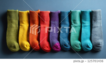 Colorful Socks Arranged in a Neat Row on Blue Background 125701436