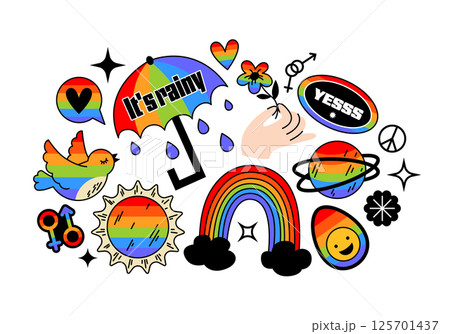 Set of colorful gender stickers in retro cartoon style. Flat vector illustration, symbol, icon. LGBTQI pride month celebration, tolerance, June, orientation, gender, rainbow, equality, gay, lesbian. Set of colorful gender stickers in retro cartoon style. Flat vector illustration, symbol, icon. LGBTQI pride month celebration, tolerance, June, orientation, gender, rainbow, equality, gay, lesbian. 125701437