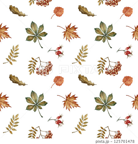 Seamless pattern with different autumn floral elements. Handmade watercolor illustration. Color image. Great for packaging, decor, textiles and wallpaper, for printing and wrapping paper. 125701478
