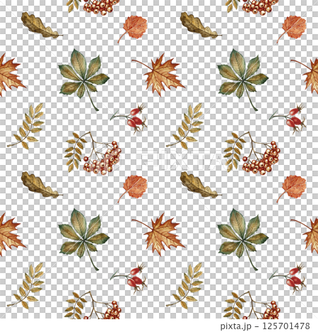 Seamless pattern with different autumn floral elements. Handmade watercolor illustration. Color image. Great for packaging, decor, textiles and wallpaper, for printing and wrapping paper. 125701478