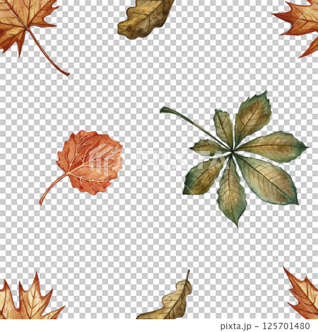 Seamless pattern with different autumn leaves. Handmade watercolor illustration. Color image. Great for packaging, decor, textiles and wallpaper, for printing and wrapping paper. Seamless pattern with different autumn leaves. Handmade watercolor illustration. Color image. Great for packaging, decor, textiles and wallpaper, for printing and wrapping paper. 125701480