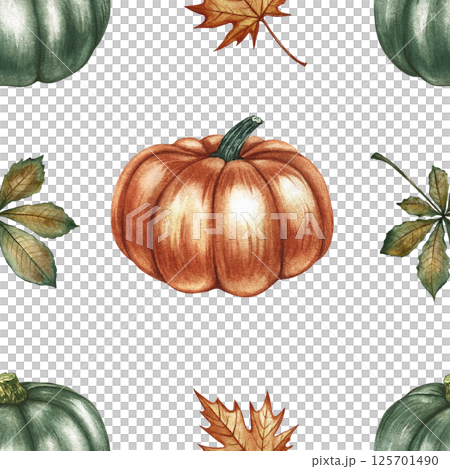 Seamless autumn pattern with pumpkins, leaves and flowers. Handmade watercolor illustration. Color image. For packaging, decor, textiles and wallpaper. As well as for printing and wrapping paper. Seamless autumn pattern with pumpkins, leaves and flowers. Handmade watercolor illustration. Color image. For packaging, decor, textiles and wallpaper. As well as for printing and wrapping paper. 125701490