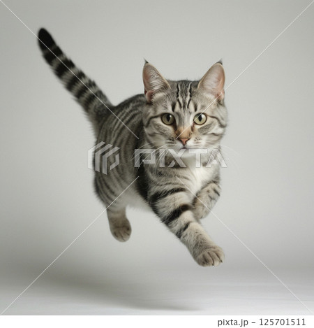 ジャンプしているサバトラ猫 125701511