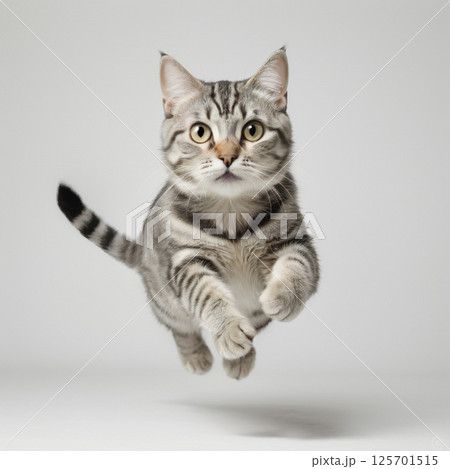 ジャンプしているサバトラ猫 125701515