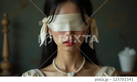 A woman with a blindfold, wearing a pearl necklace. A woman with a blindfold, wearing a pearl necklace. 125701541