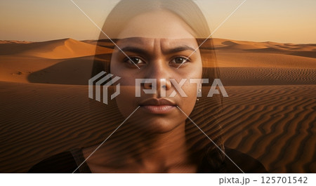 Double Exposure Portrait of Native American Woman in Desert Landscape Double Exposure Portrait of Native American Woman in Desert Landscape 125701542