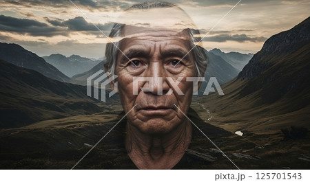Double Exposure Portrait of Elderly Woman with Mountain Scenery Double Exposure Portrait of Elderly Woman with Mountain Scenery 125701543