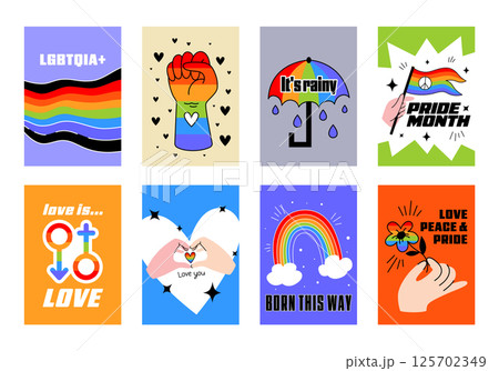 Colorful set of gender posters in retro cartoon. Groovy template & designs with flat vector illustration. LGBTQI pride month celebration, tolerance, June, orientation, gender, rainbow, equality, gay. Colorful set of gender posters in retro cartoon. Groovy template & designs with flat vector illustration. LGBTQI pride month celebration, tolerance, June, orientation, gender, rainbow, equality, gay. 125702349