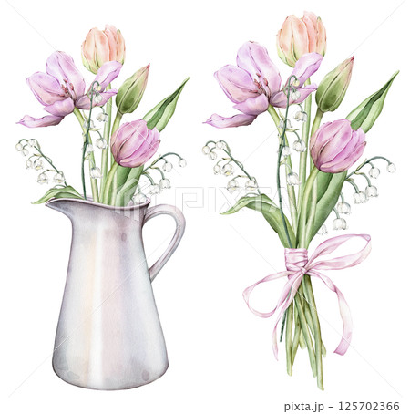 Pastel multi-colored bud bouquet Tulips and lily of the valley in metal can watercolor illustration isolated on background. Hand drawn pink yellow purple flower for spring wedding design or card. Pastel multi-colored bud bouquet Tulips and lily of the valley in metal can watercolor illustration isolated on background. Hand drawn pink yellow purple flower for spring wedding design or card. 125702366