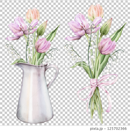 Pastel multi-colored bud bouquet Tulips and lily of the valley in metal can watercolor illustration isolated on background. Hand drawn pink yellow purple flower for spring wedding design or card. Pastel multi-colored bud bouquet Tulips and lily of the valley in metal can watercolor illustration isolated on background. Hand drawn pink yellow purple flower for spring wedding design or card. 125702366