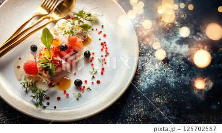 アートのような華やかな高級前菜プレート 125702587