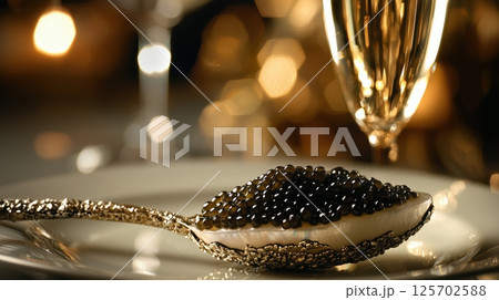ゴールドスプーンに盛られた黒キャビア 125702588