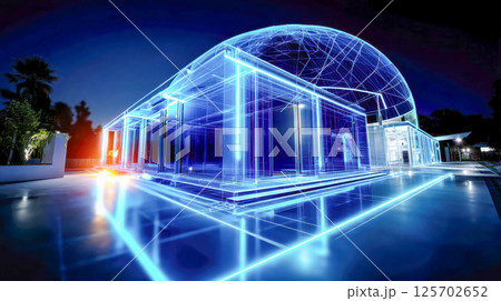 Futuristic building design glowing in blue light, night time concept of smart architecture 125702652