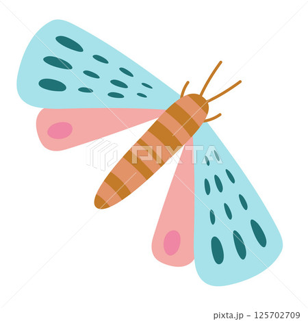 Moth with circular spots, Hawkmoth. Pink, blue and brown elegant butterfly. Trendy modern vector illustration isolated on white background, hand drawn, flat design Moth with circular spots, Hawkmoth. Pink, blue and brown elegant butterfly. Trendy modern vector illustration isolated on white background, hand drawn, flat design 125702709