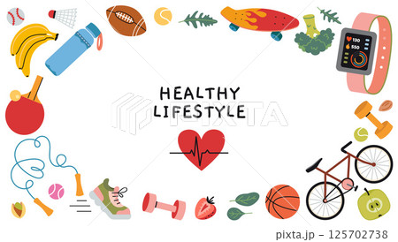 Horizontal frame with circular composition of healthy lifestyle elements like fruits, vegetables and fitness dumbbell. Flat vector illustration in modern style for wellness and nutrition concepts Horizontal frame with circular composition of healthy lifestyle elements like fruits, vegetables and fitness dumbbell. Flat vector illustration in modern style for wellness and nutrition concepts 125702738