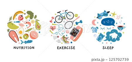 Infographic of three essential health pillars like nutrition, exercise and quality sleep. Flat vector illustration for wellness, fitness and healthy lifestyle concepts Infographic of three essential health pillars like nutrition, exercise and quality sleep. Flat vector illustration for wellness, fitness and healthy lifestyle concepts 125702739