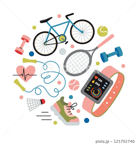 Sport attributes like fitness smartwatch with activity rings, bicycle, jump rope, dumbbells, running shoe, tennis racket, balls and shuttlecock. Modern vector illustration for healthy lifestyle Sport attributes like fitness smartwatch with activity rings, bicycle, jump rope, dumbbells, running shoe, tennis racket, balls and shuttlecock. Modern vector illustration for healthy lifestyle 125702740