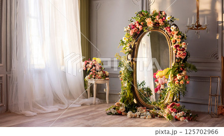 室内の花で覆われた鏡のイラスト 125702966