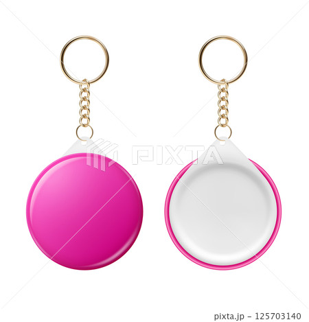 Vector 3d Realistic Round Keychain, Design Template for Printing, Mockup. Round Blank Keychain Design Element for Promo, Souvenir, Prints or Logos. ID Badge Vector Illustration, Front, Back Side View Vector 3d Realistic Round Keychain, Design Template for Printing, Mockup. Round Blank Keychain Design Element for Promo, Souvenir, Prints or Logos. ID Badge Vector Illustration, Front, Back Side View 125703140