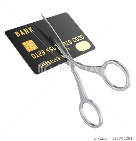 Scissors cutting a credit card, 3D rendering Scissors cutting a credit card, 3D rendering 125703291