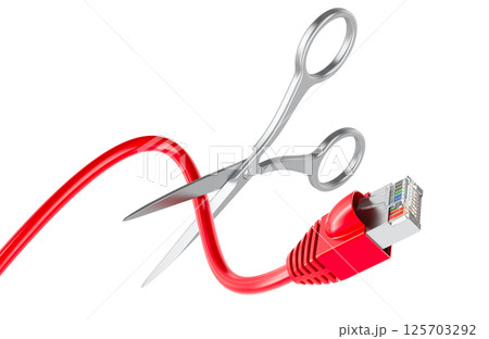 Scissors cutting lan network computer cable, 3D rendering Scissors cutting lan network computer cable, 3D rendering 125703292