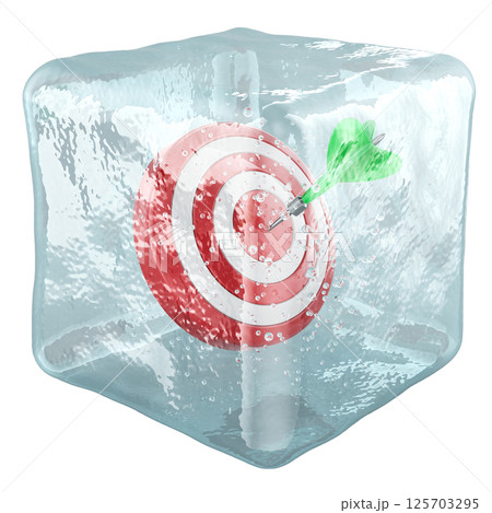 Target with arrow in bullseye frozen in ice cube, 3D rendering 125703295