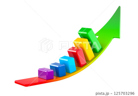 Arrow with colored growing bar chart. 3D rendering 125703296