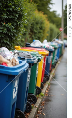 Different colored waste bins standing outside filled with garbage in a urban street - ai generated Different colored waste bins standing outside filled with garbage in a urban street - ai generated 125703480