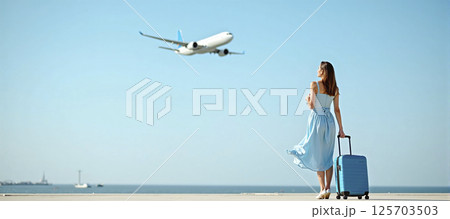 Businesswoman with light luggage standing on the tarmac at the airport waiting for her plane to take off 125703503