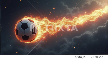 Illustrative representation of a fast and burning soccer ball ,dynamics, tension and energy in the game of soccer 125703548