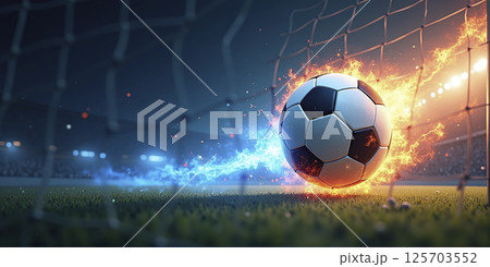 Illustrative representation of a fast and burning soccer ball ,dynamics, tension and energy in the game of soccer Illustrative representation of a fast and burning soccer ball ,dynamics, tension and energy in the game of soccer 125703552