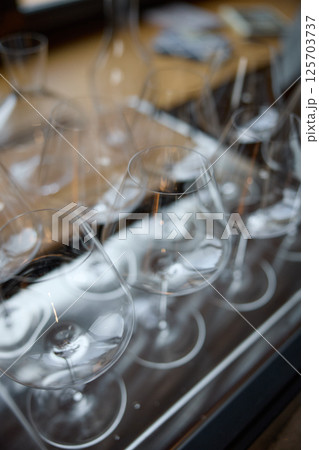 Clean wine glasses are on the table of a special wine cabinet, stylish table setting, ice, bottle of sparkling wine, light from window, decanter and degasser Clean wine glasses are on the table of a special wine cabinet, stylish table setting, ice, bottle of sparkling wine, light from window, decanter and degasser 125703737