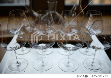 Clean wine glasses are on the table of a special wine cabinet, stylish table setting, ice, bottle of sparkling wine, light from window, decanter and degasser 125703739