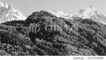 Abstract black forest and mountain dotted halftone vector background. Monochrome landscape in geometric half tone circles textured illustration for nature banner, Alps texture surface design 125703899