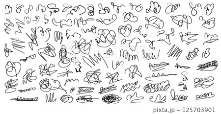 Set of vector digital hand drawn black messy lines swirls, glyphs, sprawling signatures, squiggles, strokes scribbles for advertisement, mental struggling concept 125703901